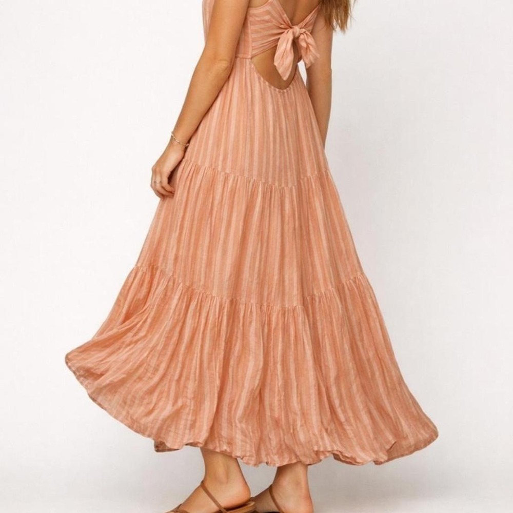 Elan Womens Coral Stripe Tiered Midi Dress Tie Back Cutout Large NEW